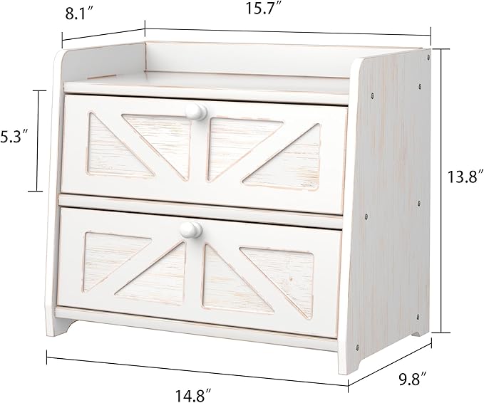 Corner Bread Box for Kitchen Countertop, Vintage Wooden Counter Organizer, Bamboo Bread Storage Bin for Homemade Bread, Small Farmhouse Corner Breadbox Container with Acrylic Window, Vintage White