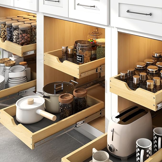 YORKING 2 Tier Pull Out Cabinet Organizer,14" W x 21" D Wooden Cabinet Roll Out Drawers,Heavy-Duty Slide out Wood Drawer Shelf,Pull Out Drawer for Cabinets,Pantry, Bathroom,Kitchen