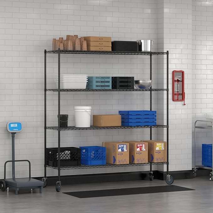 Commercial NSF Listed Black Epoxy Mobile Wire Shelving Kit 21" x 72" x 80", with 4 Shelves Perfect for Warehouse, Walk-in Refrigerator, Freezer, Grocery Store, Restaurant, Dishroom