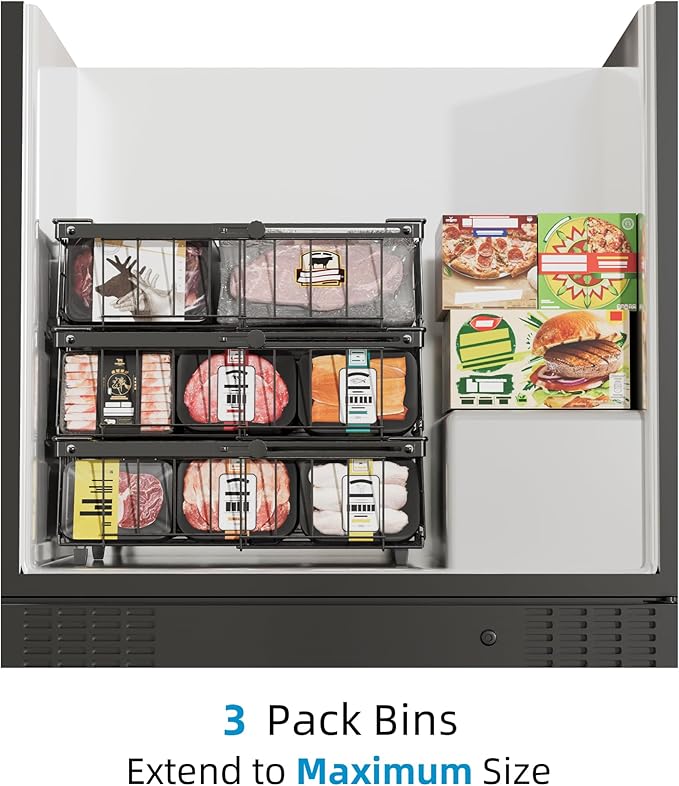 Deep freezer organizer bins-Fit 10 to 20 Cu.FT,6 Pcs stackable wire baskets for freezer,Vegetable Fruit Basket,kitchen countertop organizer,pantry organizers and storage,Expandable length 11.42-17.91"