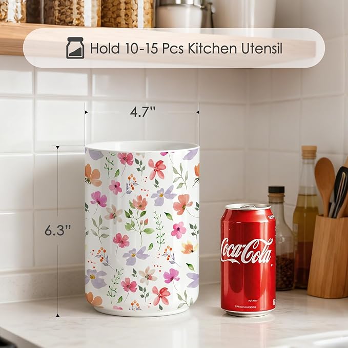 Wildflowers Utensil Holder,Countertop Ceramic Utensil Holder,Large Cooking Utensil Crocks for Kitchen Counter Decor,Ceramic Vase for Kitchen Utensils,6.3"+4.7"(Flower)