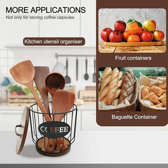 Round Coffee Pods Holder with Wooden Lid and Base,Wire Coffee Pods Storage Basket for Home Cafe Bar Countertop Decor(Black)