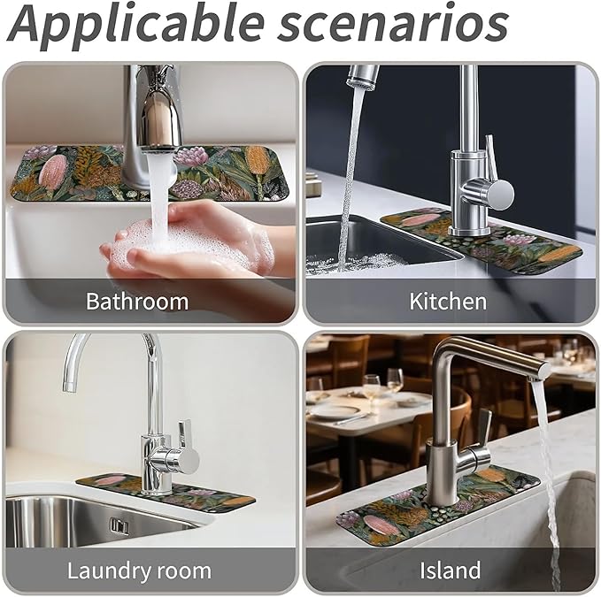 Kitchen Sink Splash Guard,Bohemian flowers and plants Faucet Mat Sink Gadgets-Super Absorbent Fast Drying Mat Drip Catcher for Kitchen, Bathroom,Sink Mat, Dish Drying Mat, Bathroom(15" X 5.5" )