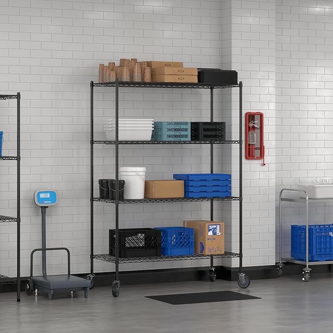 Commercial NSF Listed Black Epoxy Mobile Wire Shelving Kit 24" x 54" x 80", with 4 Shelves Perfect for Warehouse, Walk-in Refrigerator, Freezer, Grocery Store, Restaurant, Dishroom