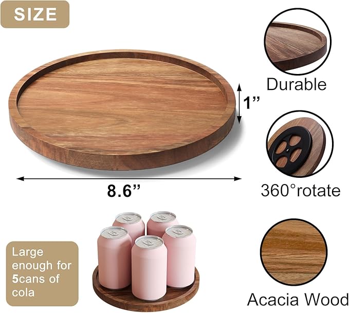 Lazy Susan Organizer for Kitchen,Acacia Wood Turntable for Cabinet, Pantry, Table, Countertop, Vanity, Spice Rack(Small)