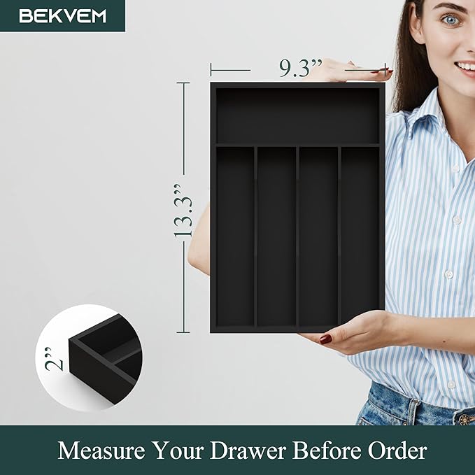 Bamboo Silverware Organizer, Kitchen Drawer Organizer, Utensil Holder, Cutlery Tray & Spoon Flatware Storage with Grooved Drawer Dividers (5 Slots, Black)