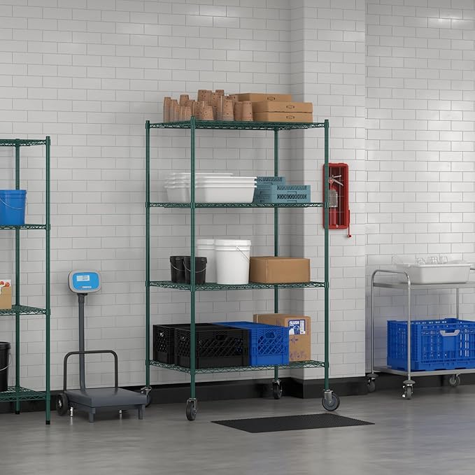 Commercial NSF Listed Green Epoxy Mobile Wire Shelving Kit 30" x 42" x 80", with 4 Shelves Perfect for Warehouse, Walk-in Refrigerator, Freezer, Grocery Store, Restaurant, Dishroom