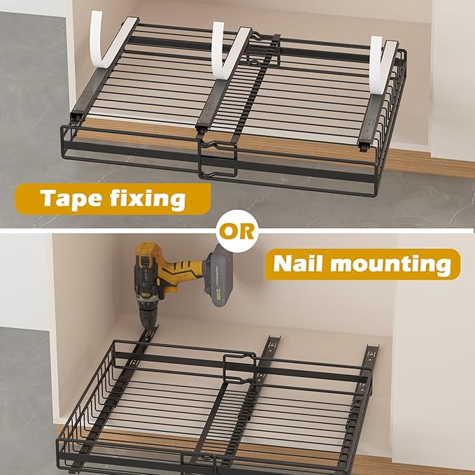 REALINN 2 Pack Pull Out Cabinet Organizer, Expandable(12"-20") Slide Out Drawers 3 Slide Rails Fix with Adhesive or Screw, Roll Out Shelves for Kitchen Cabinet Organization, Black