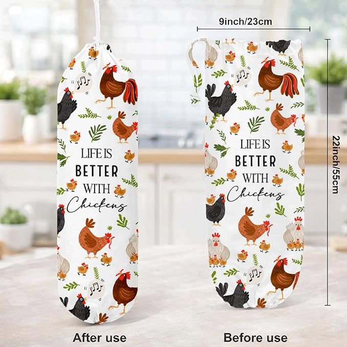 Farmhouse Plastic Bag Holder for Kitchen Essentials, Life Is Better with Chickens Plastic Bags Holder, Reusable Hanging Trash Sack Dispenser, Wall Mount Plastics Sack Storage Container Dispenser