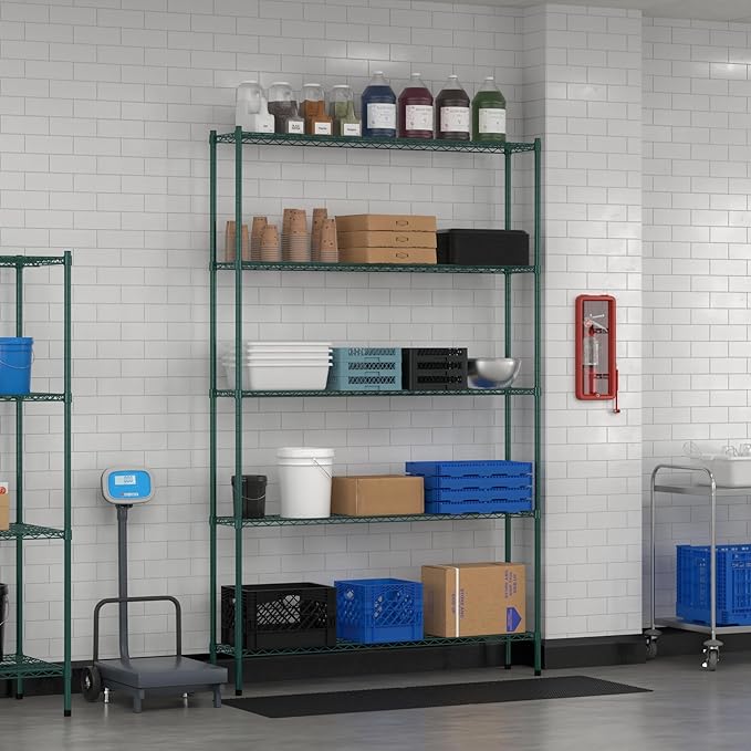 Commercial NSF Listed Green Epoxy Stationary Wire Shelving Kit 12" x 60" x 96", with 5 Shelves Perfect for Warehouse, Walk-in Refrigerator, Freezer, Grocery Store, Restaurant, Dishroom