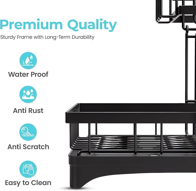 CEASIN 2 Tier Dish Drying Rack, Premium Alloy Steel Dish Drainer for Kitchen Counter, Drainboard & Cup Holder, Anti-Rust & Space Saving, Utensil Holder, Black Dish Drying Rack, 44.5x31.8x11.7