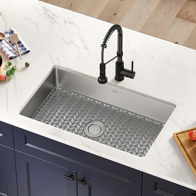 GUUKIN Sink Protectors for Kitchen Mat - 30"x 16" Silicone Kitchen Sink Mat Grid for Bottom of Farmhouse Stainless Steel Porcelain with Center Drain(Grey)