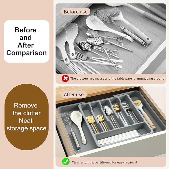 Premium Silverware Organizer for Drawer - Adjustable Utensil Holder Tray, Cutlery Storage Box with Non-Slip Base, Fits Flatware and Kitchen Tools