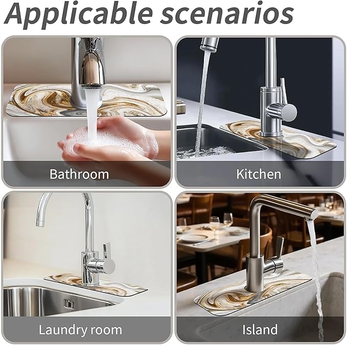 Kitchen Sink Splash Guard,White-grey gold marble Faucet Mat Sink Gadgets-Super Absorbent Fast Drying Mat Drip Catcher for Kitchen, Bathroom,Sink Mat, Dish Drying Mat, Bathroom(15" X 5.5" )