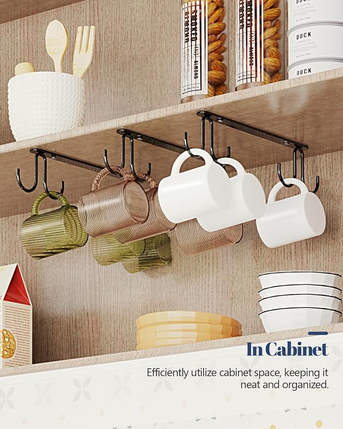 Mug Hooks Under Cabinet 3 Pack, Metal Cup Hooks for Hanging Under Shelf, Mug Organizer Rack with 12 Hooks for Displaying Mugs, Coffee Cups and Kitchen Utensils, Black