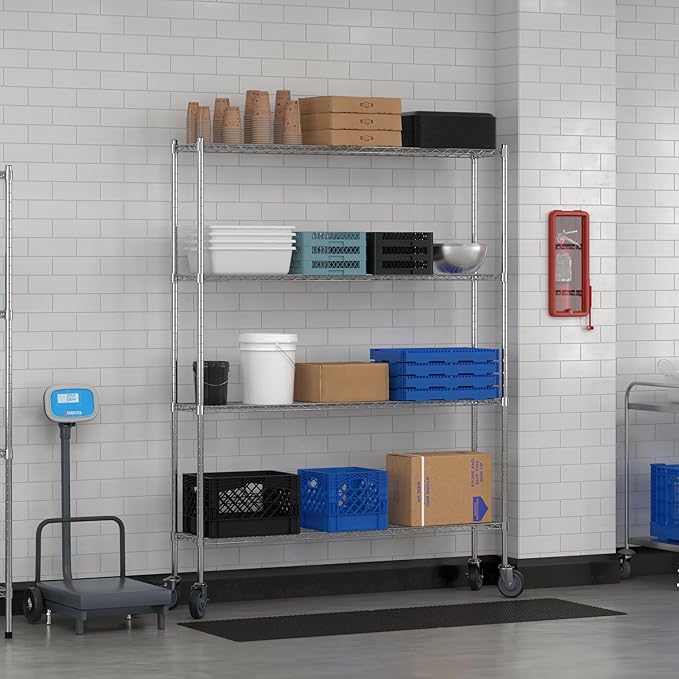 Commercial NSF Listed Chrome Mobile Wire Shelving Kit 12" x 60" x 80", with 4 Shelves Perfect for Warehouse, Walk-in Refrigerator, Freezer, Grocery Store, Restaurant, Dishroom