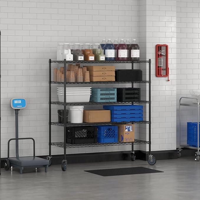 Commercial NSF Listed Black Epoxy Mobile Wire Shelving Kit 21" x 54" x 60", with 5 Shelves Perfect for Warehouse, Walk-in Refrigerator, Freezer, Grocery Store, Restaurant, Dishroom