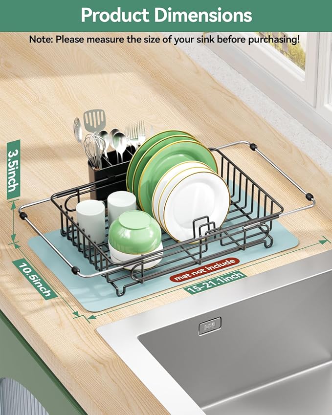 Expandable Dish Drying Rack for in-Sink, Over-Sink, and Counter Use, Dish Drainer with Removable Cutlery Holder, Space Saving & No Assembly Needed 10.5" W x 15" L