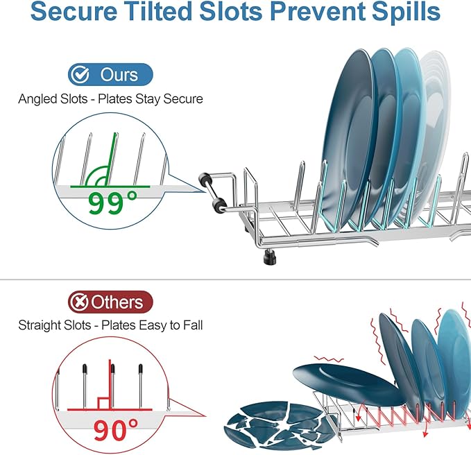 GSlife Small Dish Drying Rack for Counter or Over Sink, Stainless Steel Expandable Dish Drainer with Drain Board and 360° Swivel Drain Spout, Compact for RV, Camper, 1-2 People, Narrow 6.5" W, Silver