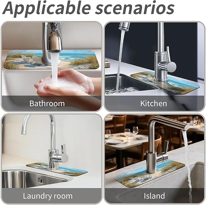 Kitchen Sink Splash Guard,Beach-scene Faucet Mat Sink Gadgets-Super Absorbent Fast Drying Mat Drip Catcher for Kitchen, Bathroom,Sink Mat, Dish Drying Mat, Bathroom(15" X 5.5" )