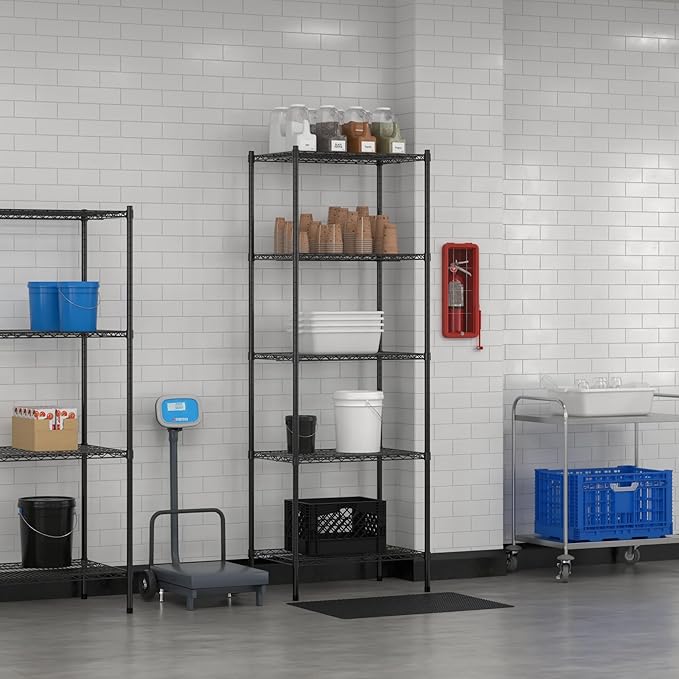 Commercial NSF Listed Black Epoxy Stationary Wire Shelving Kit 21" x 30" x 86", with 5 Shelves Perfect for Warehouse, Walk-in Refrigerator, Freezer, Grocery Store, Restaurant, Dishroom
