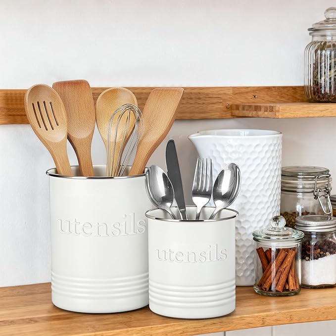 2 Pack Kitchen Utensil Holder for Counter 6.7"+4.7" Farmhouse Cooking Utensil Crock with Cork Bottom Modern Farmhouse Decors Countertop Storage Organizer Caddy Housewarming Gift (White)