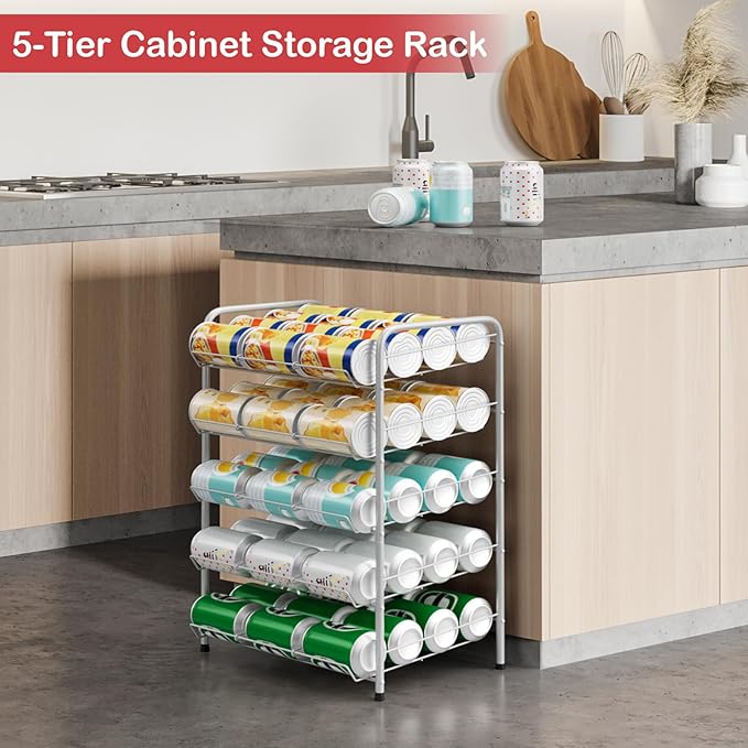 smusei 5-Tier Can Storage Organizer Pantry Shelf Holds up to 60 Cans of Can Holders for Pantry with 2 Metal Diversion Strips for Kitchen Canned Food and Drink Goods, Silver