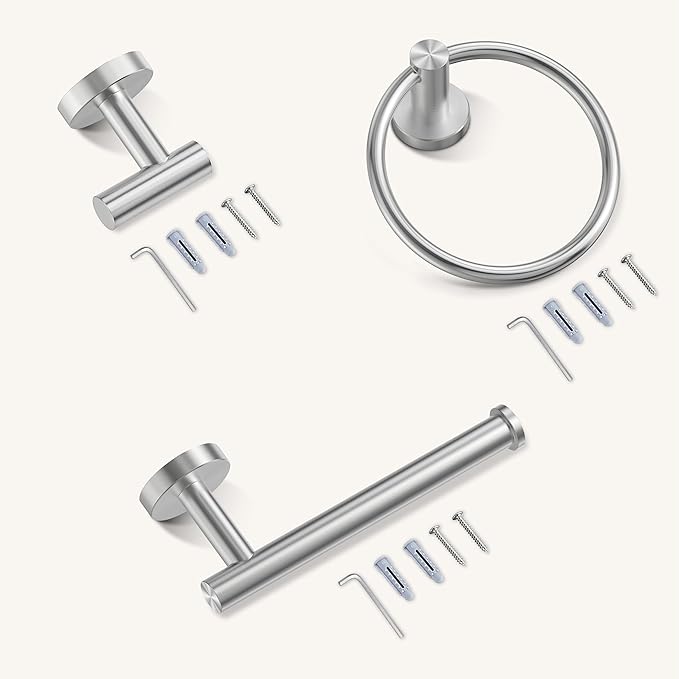 FORIOUS 4 Piece Bathroom Accessories, SUS304 Stainless Steel Toilet Paper Holder, Towel Ring and 2 Towel Hooks, Wall Mounted Bathroom Hardware Set (Brushed Nickel)