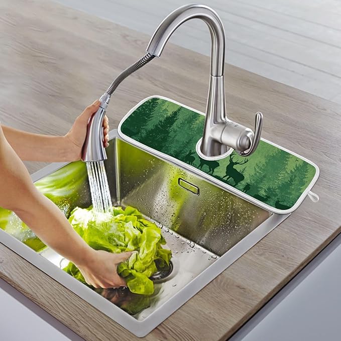 2 PCS Kitchen Sink Splash Guard 14.9 Inch Faucet Mat for Kitchen Sink Bathroom Sink Faucet Absorbing Drip Drain Mat Pad Microfiber Soft Washable Purple and Green Stag Forest Trees