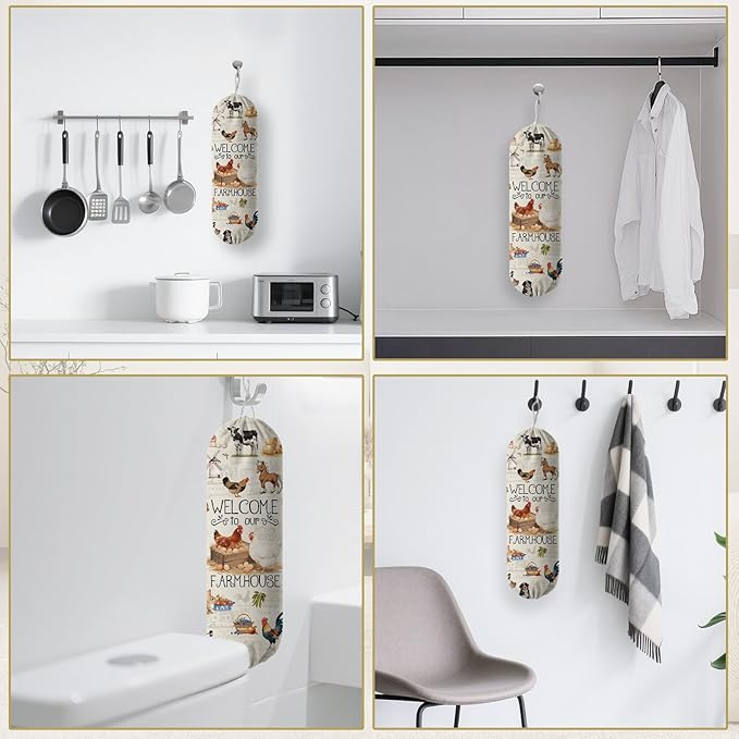 Plastic Bag Holder, Grocery Bag Organizer Storage, Kitchen Dispenser Holders Reusable Shopping with Free Adjustment Drawstring Closure for Kitchen Farmhouse Decor, Farmhouse