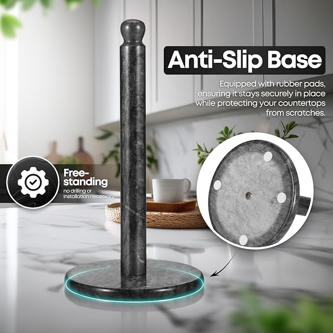 Flexzion Marble Paper Towel Holder 12 inch (Black) - Kitchen Countertop Paper Towel Holder Stand Rack with Roll Dispenser Pole and Weighted Marble Base for Tables Home Dining Bathroom Storage