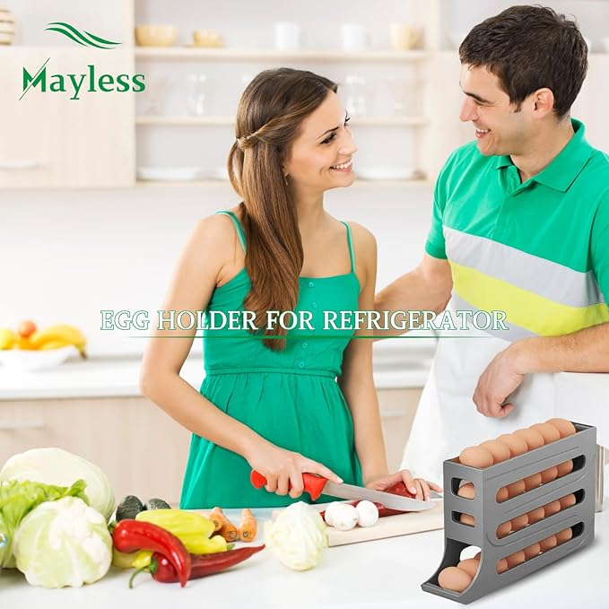 MAYLESS EGG HOLDER FOR FRIDGE, Auto Rolling Fridge Egg Organizer, Egg Rack For Refrigerator. (Grey)