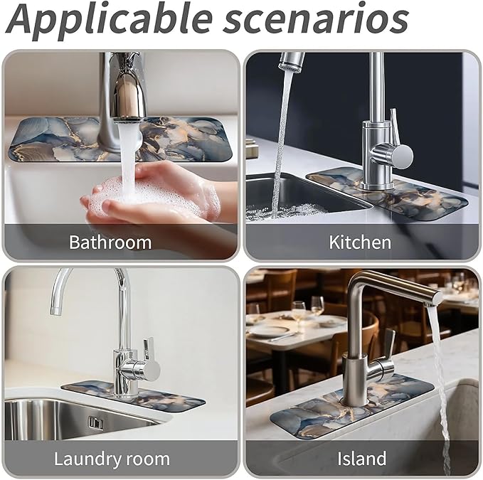 Kitchen Sink Splash Guard,Light grayish blue marble Faucet Mat Sink Gadgets-Super Absorbent Fast Drying Mat Drip Catcher for Kitchen, Bathroom,Sink Mat, Dish Drying Mat, Bathroom(15" X 5.5" )