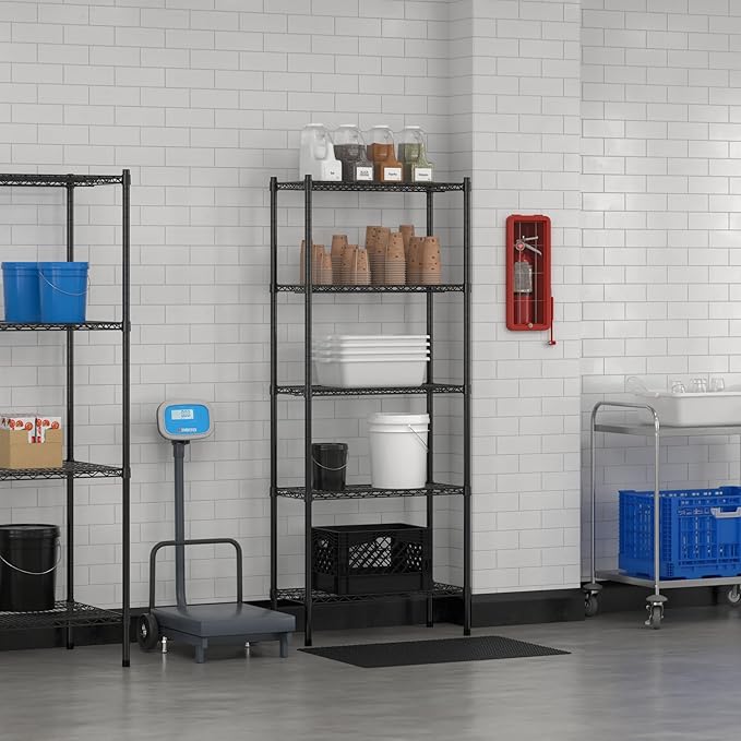Commercial NSF Listed Black Epoxy Stationary Wire Shelving Kit 14" x 30" x 74", with 5 Shelves Perfect for Warehouse, Walk-in Refrigerator, Freezer, Grocery Store, Restaurant, Dishroom