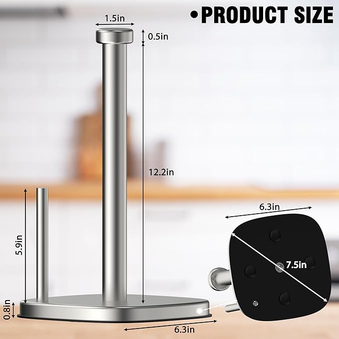 Paper Towel Holder Countertop, Standing Paper Towel Roll Holder for Kitchen Bathroom Organize, Stand with Weighted Base Suction Cups, Stainless Steel One-Handed Operation (Brushed Nickel)