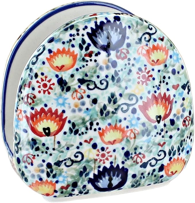 Blue Rose Polish Pottery - Green Desert Oasis Napkin Holder - 5" x 5" - Ceramic Napkin Holders, Decorative Dining Table Accessories