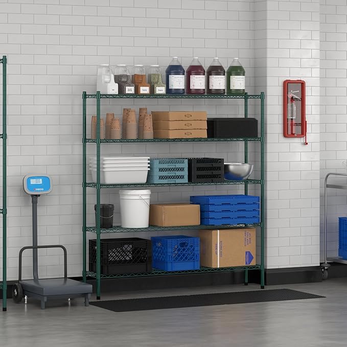 Commercial NSF Listed Green Epoxy Stationary Wire Shelving Kit 12" x 60" x 64", with 5 Shelves Perfect for Warehouse, Walk-in Refrigerator, Freezer, Grocery Store, Restaurant, Dishroom