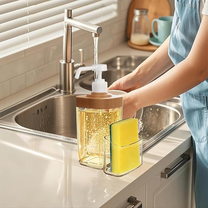 Kitchen Soap Dispenser with Sponge Holder, 800ml Large Capacity Dish Soap Dispenser Caddy, Shatterproof & Rustproof Sink Organizer with Extended Tube, Removable Caddy - Free Funnel Included (Black)