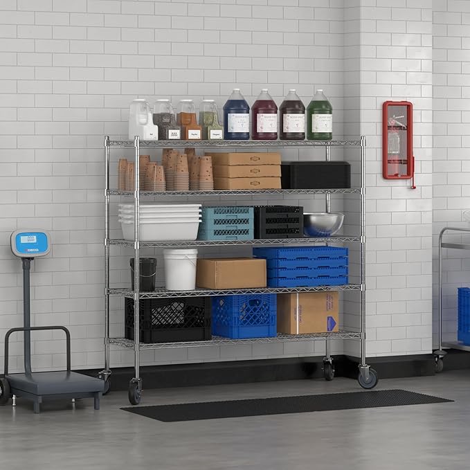 Commercial NSF Listed Chrome Mobile Wire Shelving Kit 18" x 60" x 60", with 5 Shelves Perfect for Warehouse, Walk-in Refrigerator, Freezer, Grocery Store, Restaurant, Dishroom