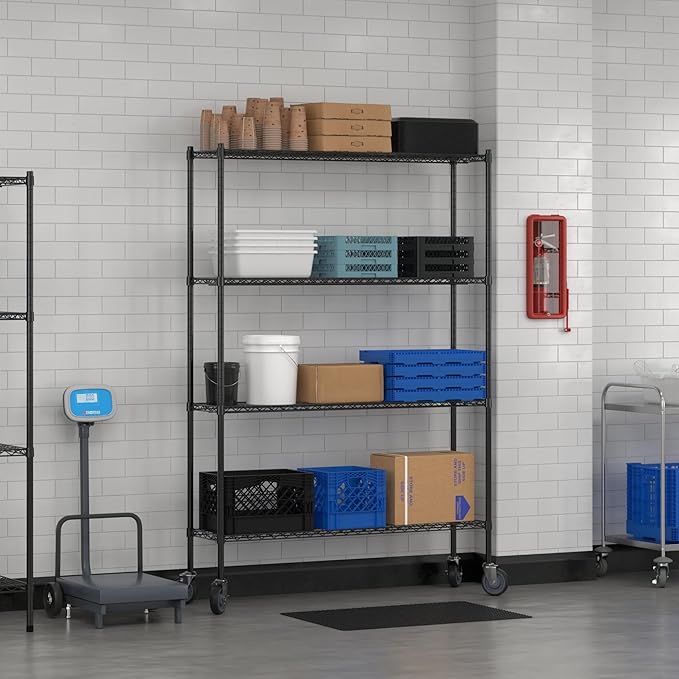 Commercial NSF Listed Black Epoxy Mobile Wire Shelving Kit 14" x 54" x 80", with 4 Shelves Perfect for Warehouse, Walk-in Refrigerator, Freezer, Grocery Store, Restaurant, Dishroom