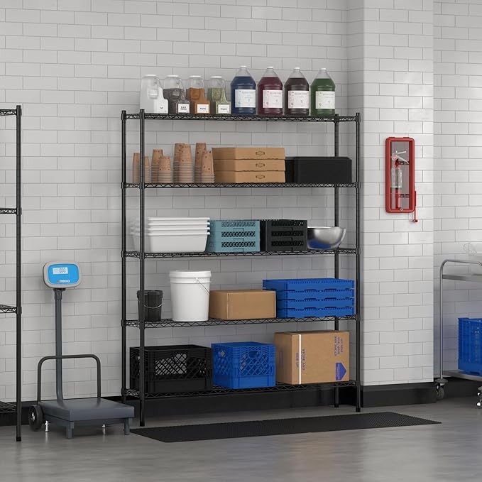 Commercial NSF Listed Black Epoxy Stationary Wire Shelving Kit 12" x 60" x 74", with 5 Shelves Perfect for Warehouse, Walk-in Refrigerator, Freezer, Grocery Store, Restaurant, Dishroom