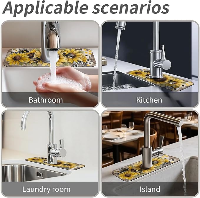 Kitchen Sink Splash Guard,Sunflower-with bumblebees Faucet Mat Sink Gadgets-Super Absorbent Fast Drying Mat Drip Catcher for Kitchen, Bathroom,Sink Mat, Dish Drying Mat, Bathroom(15" X 5.5" )