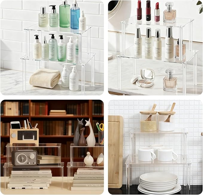 2Pack 2-Tier Acrylic Spice Rack, Spice Rack Organizer for Cabinet, Stackable Clear Shelves for Kitchen Pantry Storage