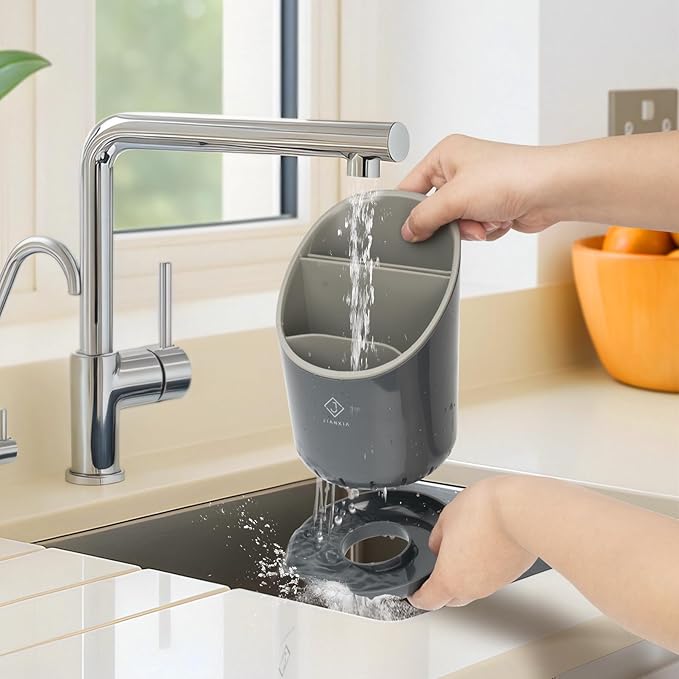 Utensil Drying Holder for Kitchen Counter,Kitchen Utensil Crock with Detachable Base Self Draining Small Utensil Cutlery Flatware Silverware Holder Drainer Cup(Black)
