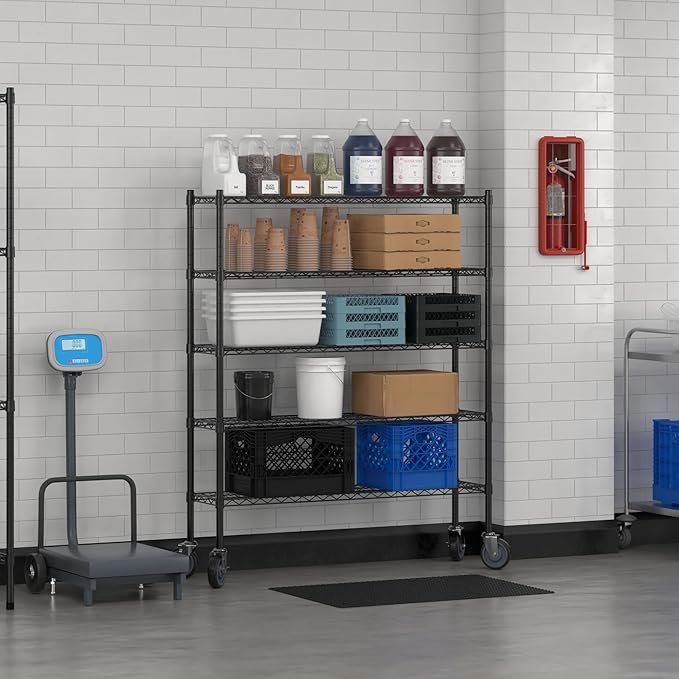 Commercial NSF Listed Black Epoxy Mobile Wire Shelving Kit 12" x 48" x 60", with 5 Shelves Perfect for Warehouse, Walk-in Refrigerator, Freezer, Grocery Store, Restaurant, Dishroom