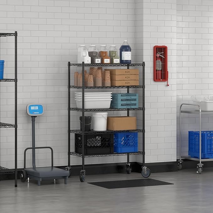 Commercial NSF Listed Black Epoxy Mobile Wire Shelving Kit 18" x 36" x 60", with 5 Shelves Perfect for Warehouse, Walk-in Refrigerator, Freezer, Grocery Store, Restaurant, Dishroom