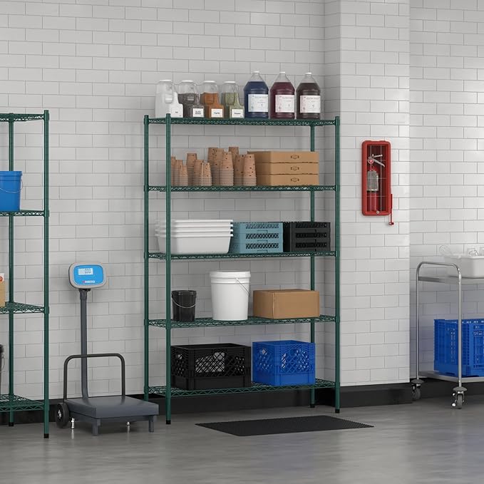 Commercial NSF Listed Green Epoxy Stationary Wire Shelving Kit 14" x 48" x 74", with 5 Shelves Perfect for Warehouse, Walk-in Refrigerator, Freezer, Grocery Store, Restaurant, Dishroom