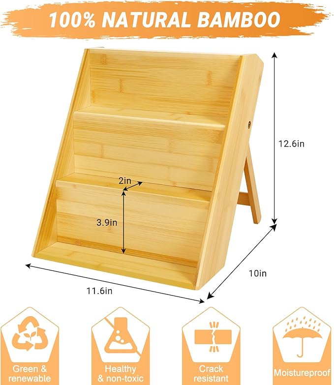 Bamboo Spice Rack Organizer, 3 Tier Spice Shelf Stand for Kitchen Countertop, Wood Folding Spice Rack for Cabinet