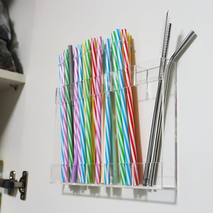White Acrylic Straw Holder & Tumbler Organizer for Cabinet Door, Countertop – Reusable Straw Storage Dispenser, Kitchen Cabinet Organizer for Straws, Accessories (transparent)