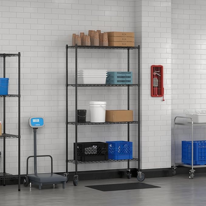 Commercial NSF Listed Black Epoxy Mobile Wire Shelving Kit 14" x 42" x 80", with 4 Shelves Perfect for Warehouse, Walk-in Refrigerator, Freezer, Grocery Store, Restaurant, Dishroom